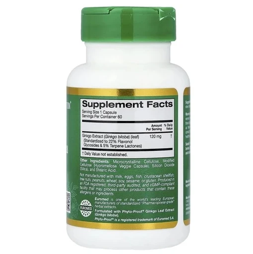 California Gold Nutrition EuroHerbs Ginkgo Biloba Extract Euromed Quality 120mg 60 Veggie Capsules 