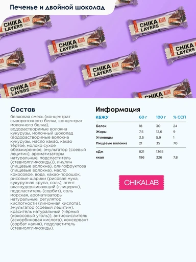 CHIKALAB Батончик глазированный Хрустящее печенье с двойным шоколадом 60 г 