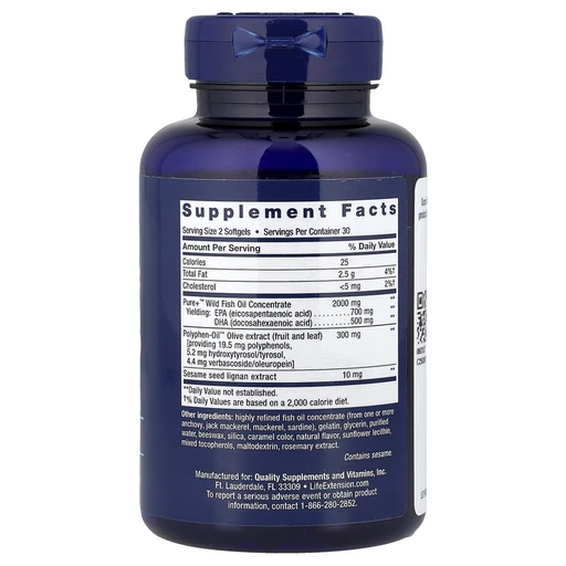 Life Extension Super Omega-3 EPA/DHA Fish Oil Sesame Lignans & Olive Extract 60 softgels 
