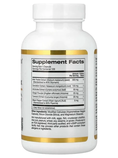 California Gold Nutrition Silymarin Complex Milk Thistle Extract Plus Dandelion Artichoke Curcumin C3 Complex Ginger, and BioPerine 120 VCaps 