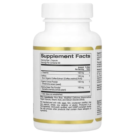 California Gold Nutrition -TheanineUP™ L-Theanine & Caffeine plus Cocoa & Matcha 60 Veggie Capsules 