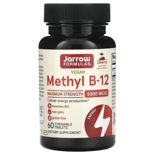 Jarrow Formulas Methyl B-12, Methylcobalamin 5000 MCG, Метил В-12, Метилкобаламин, 5000 мкг, 60 жев таблеток
