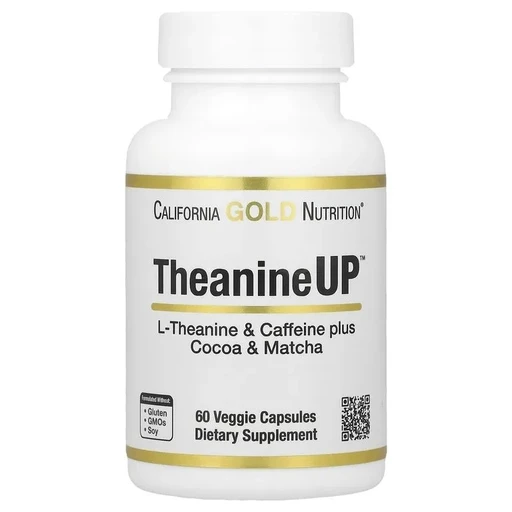 California Gold Nutrition -TheanineUP™ L-Theanine & Caffeine plus Cocoa & Matcha 60 Veggie Capsules