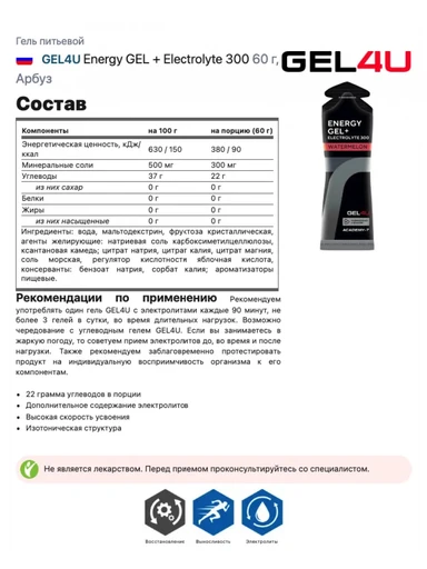 GEL4U Гель энергетический углеводный с электролитами , вкус Арбуз, 60 гр. 